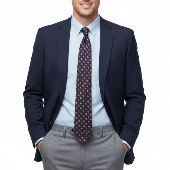 Harry Rosen 100% Silk Tie Navy Red Oval Pattern Designer Quality Made in Italy - Picture 1 of 6